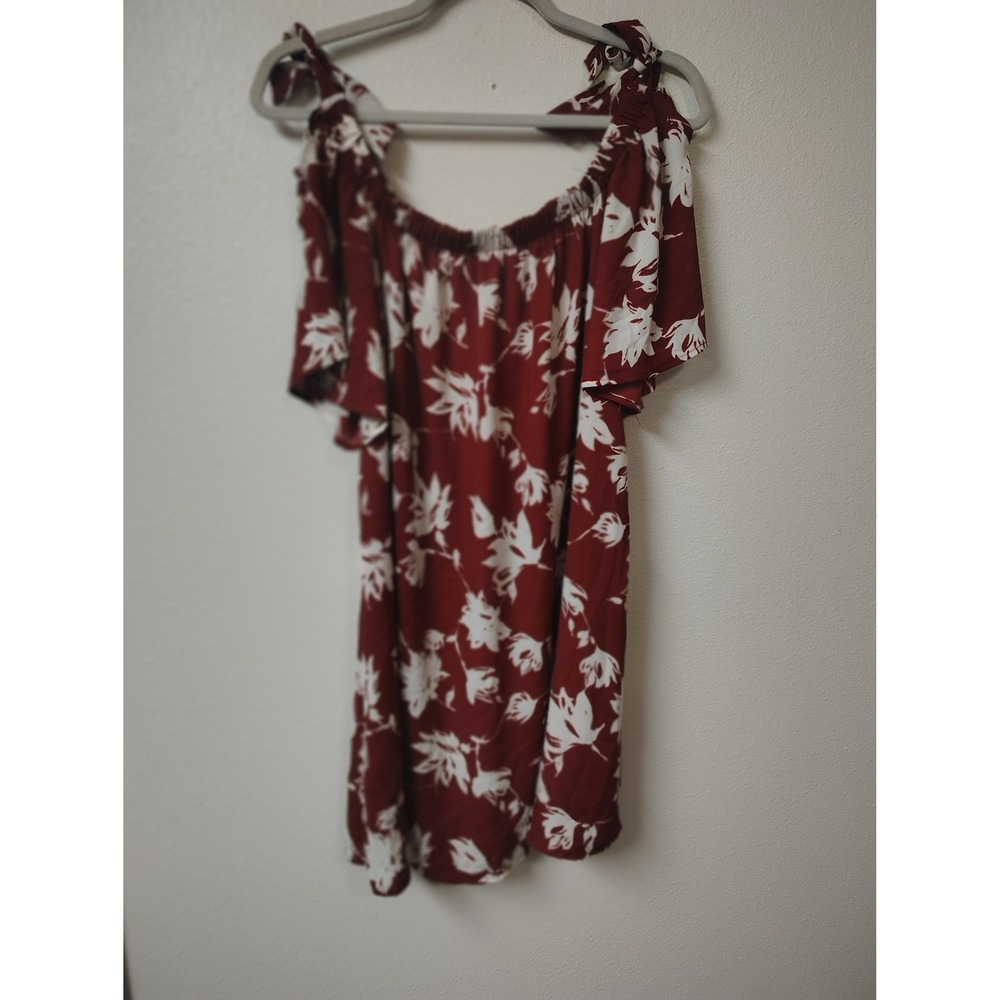Peach Love California Burgundy Floral Off Shoulder Tie Sleeve Mini Dress Medium
